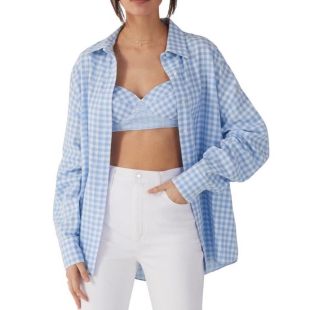 FAVORITE DAUGHTER Women's Ex-Boyfriend Gingham Light Blue Oversized Shirt XS